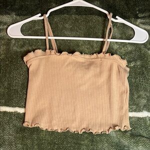 Tan Ruffle Trim Ribbed Crop Top